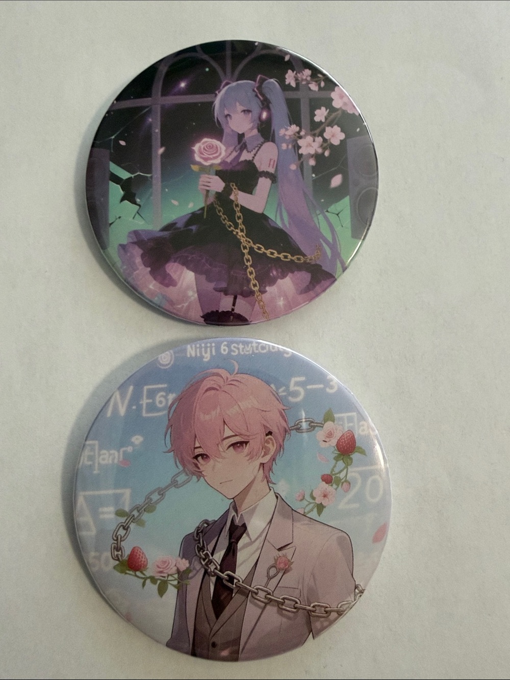 Anime Character Button Set — Pastel Pink & Lavender Artwork